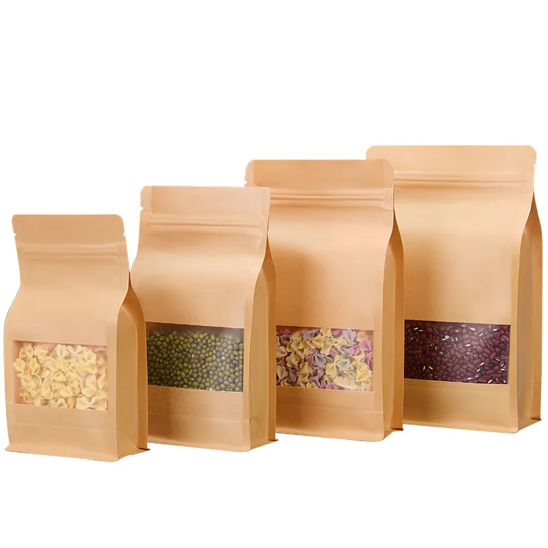 500Pcs/Lot Kraft Paper Eight Side Seal Frosted Transparent Window Stand Up Bag Zip Lock Tear Notch Food Snacks Candy Nuts Coffee