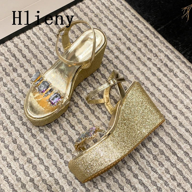 Hlieny Crystal Platform Wedges Buckle Strap Women Sandals Fashion Gladiator Open Toe High Heels Shoes Ladies Summer Pumps