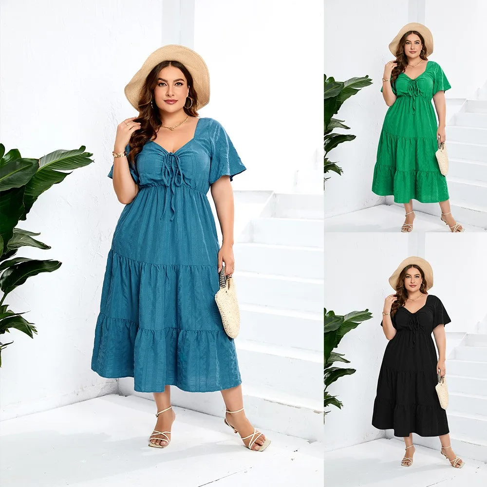 Summer Dress Women's V Neck Short Sleeve Dresses Pleated Drawstring Waist Maxi Dress Vacation Teal Green Black Casual Dress