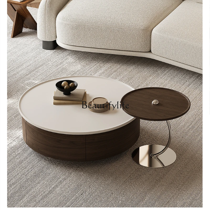 

Wabi-sabi coffee table combination round walnut skin art medium and ancient style light luxury