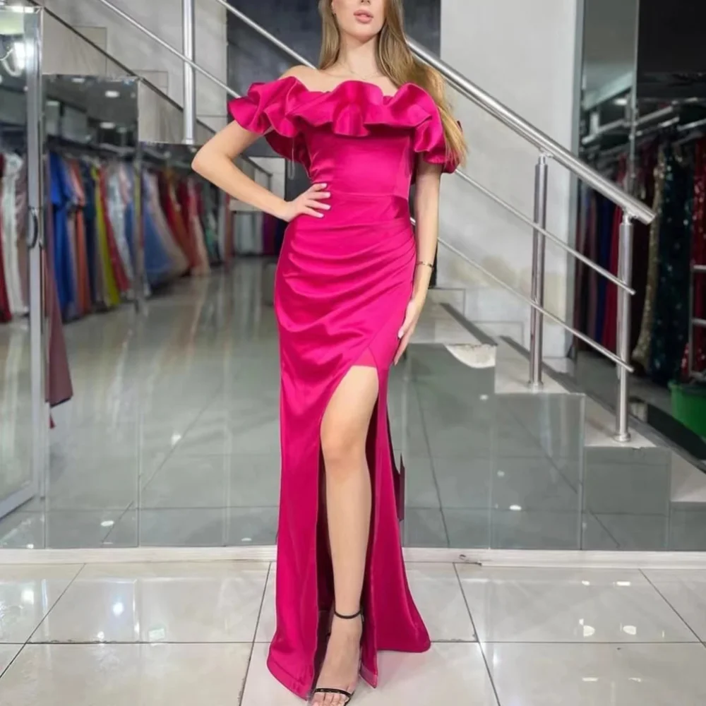 

Classy Long Hot Pink Off the Shoulder Satin Evening Dresses with Slit Mermaid Floor Length Robe Soirée for Women