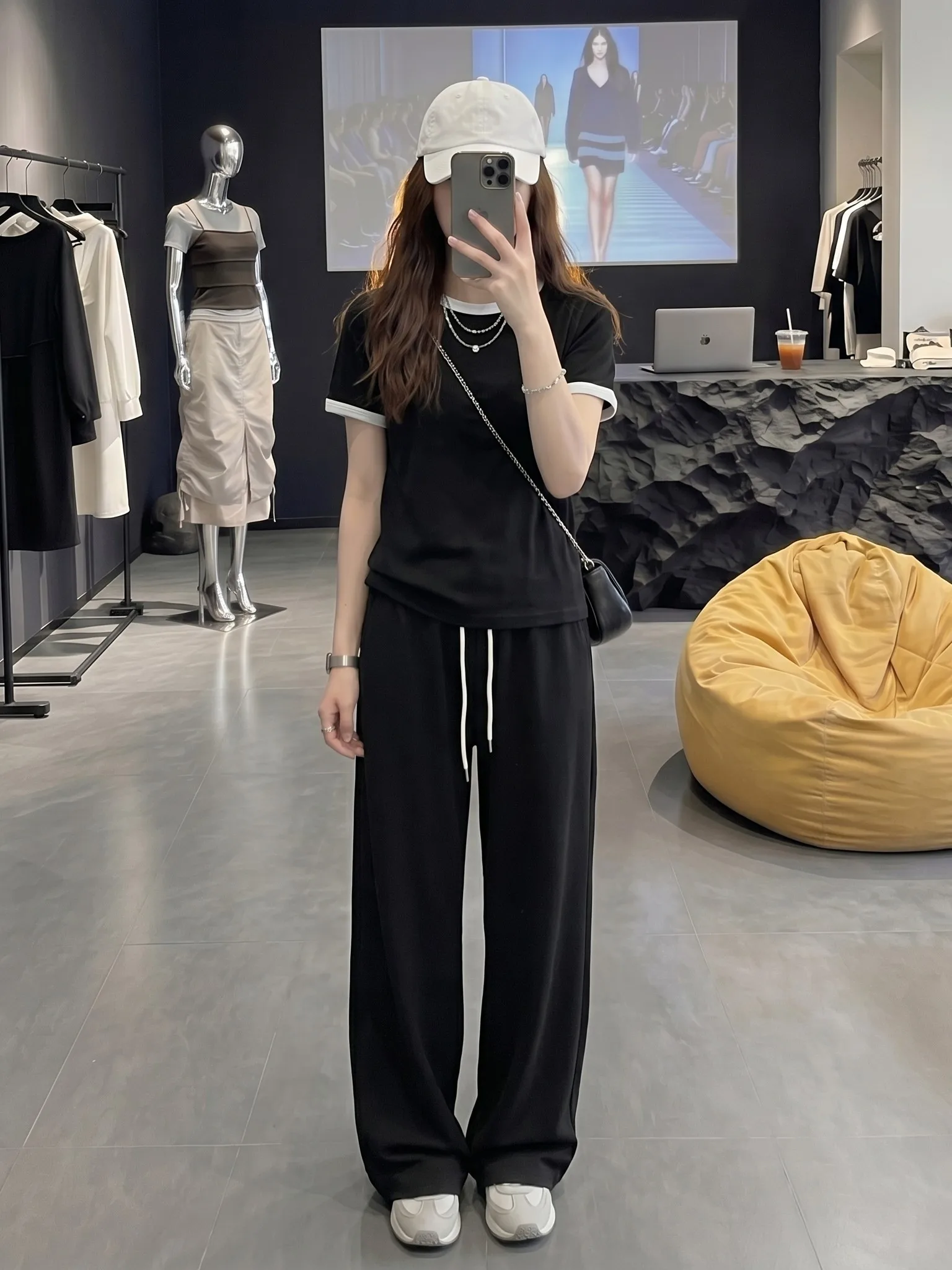 

Lazy Summer New round Neck T-Shirt High Waist Slim Wide Leg Pants Versatile Daily Commute Two Piece Set Comfortable Lightweig...