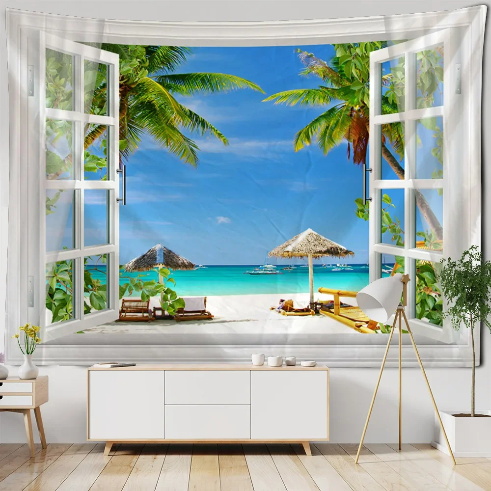 Window view, printed tapestry, sea view, forest, home art decoration, Bohemia, wall decoration, living room background fabric