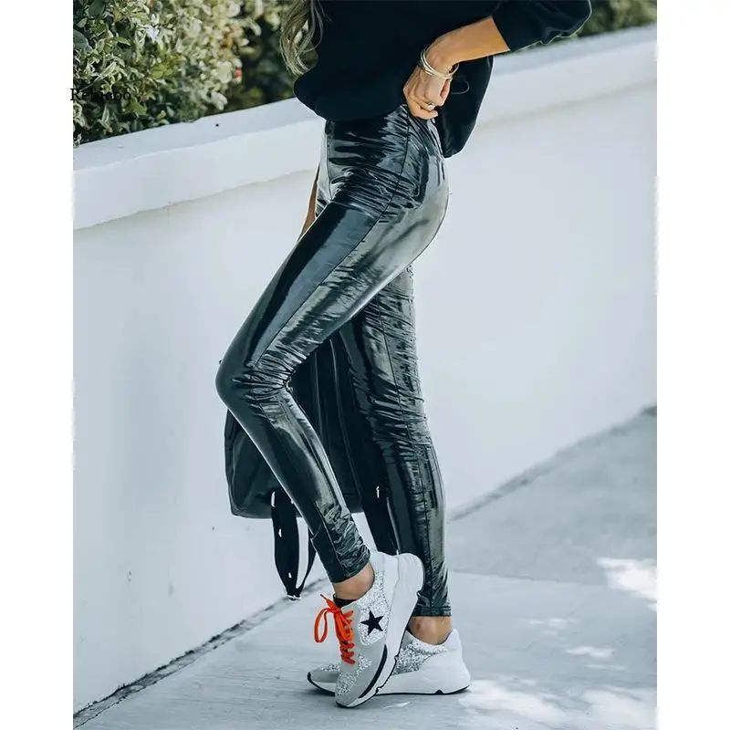 PU imitation leather pants Womens Faux Leather Elastic Long Trouser Ladies Soft Strethcy Shiny Wet Look Leggings Female Pants