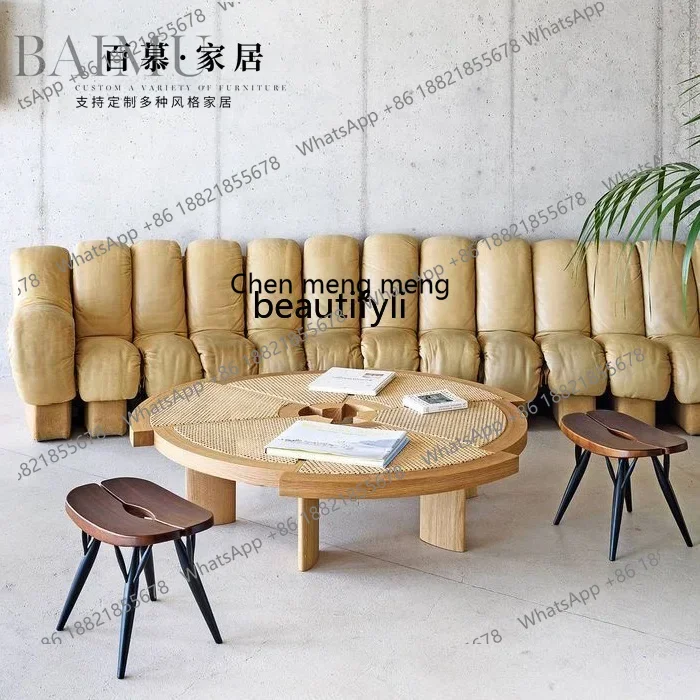 New arrive Japanese retro creative polygonal cherry solid wood rattan coffee table round low table small apartment living room