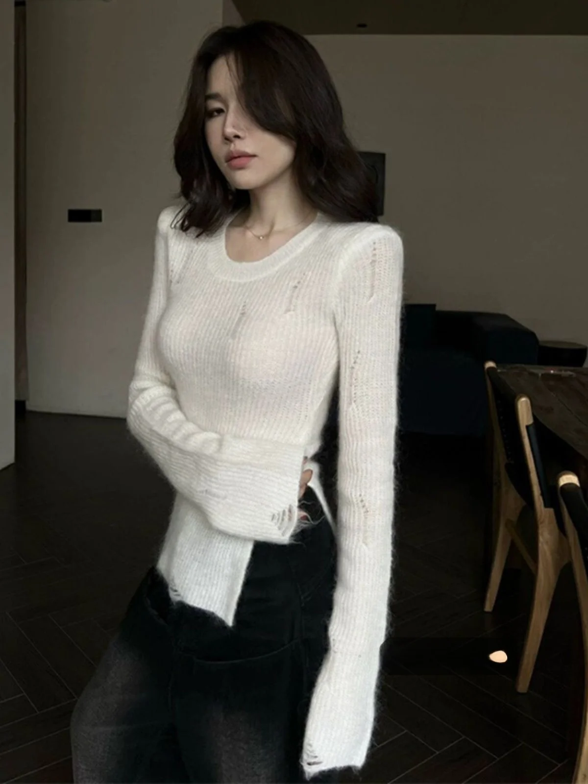 

Необычная трикотажная основа irt, женский осенний свитер, облегающий топ с контролем талии, сладкий и пряный, с открытым разрезом, длинный све