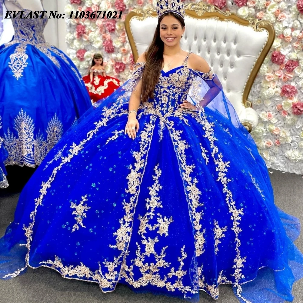 

EVLAST Customized Royal Blue Quinceanera Dress Ball Gown Gold Lace Applique Beads Cape Corset Sweet 16 Vestidos De 15 Anos SQ715