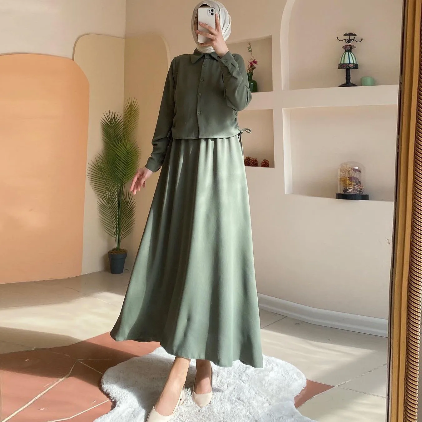 Half length skirt set Muslim Arab women's clothing 2024 new long sleeved shirt casual dress