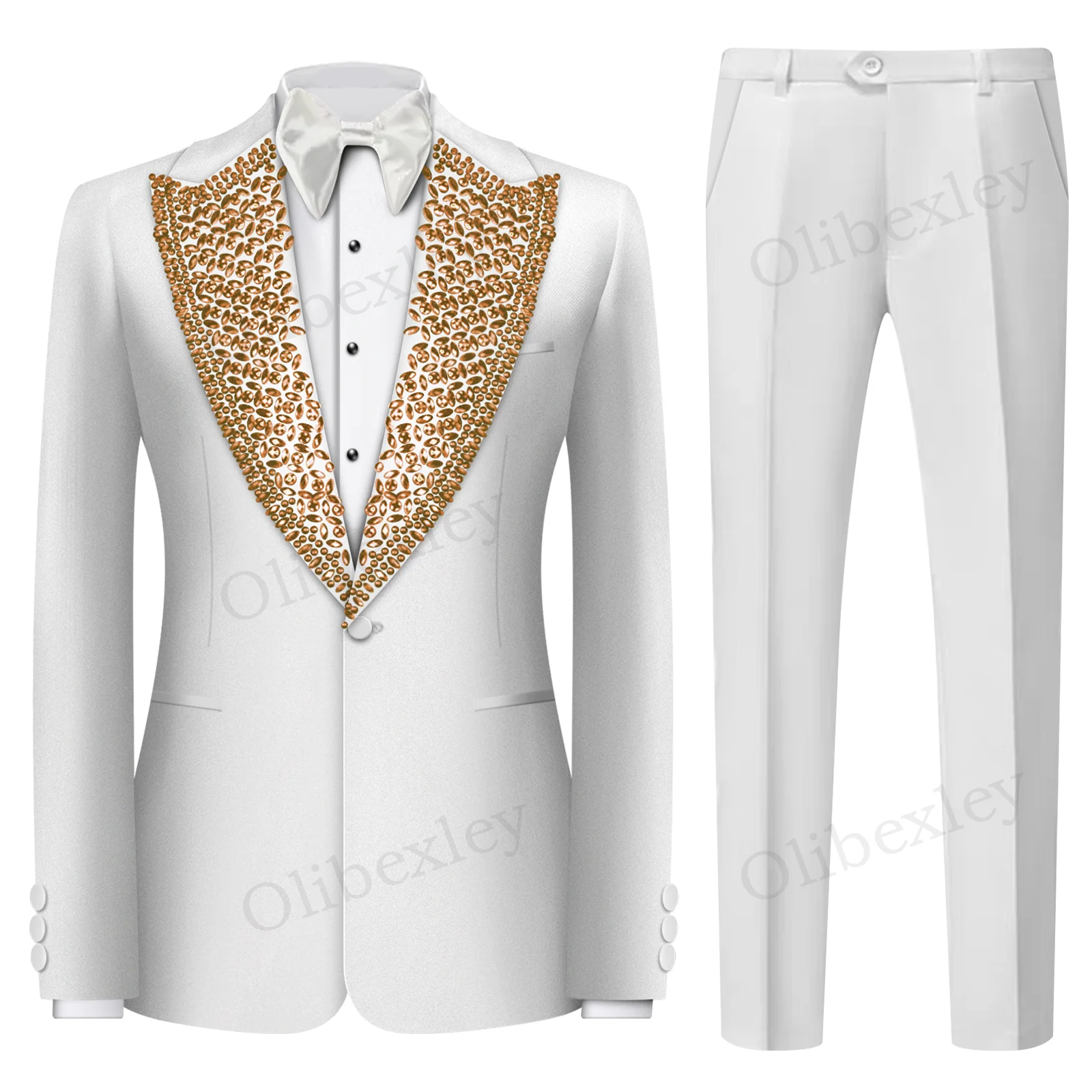Olibexley Men's Suits 2 Pieces High Quality Beaded Crystals One Button Slim Fit Tuxedos Wedding Groom Business Dinner Prom