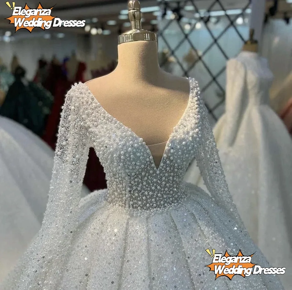 사용자 정의 럭셔리 볼 가운 v 넥 웨딩 드레스 아랍어 두바이 진주 페르시 환상 긴 소매 신부 가운 vestidos de noiva