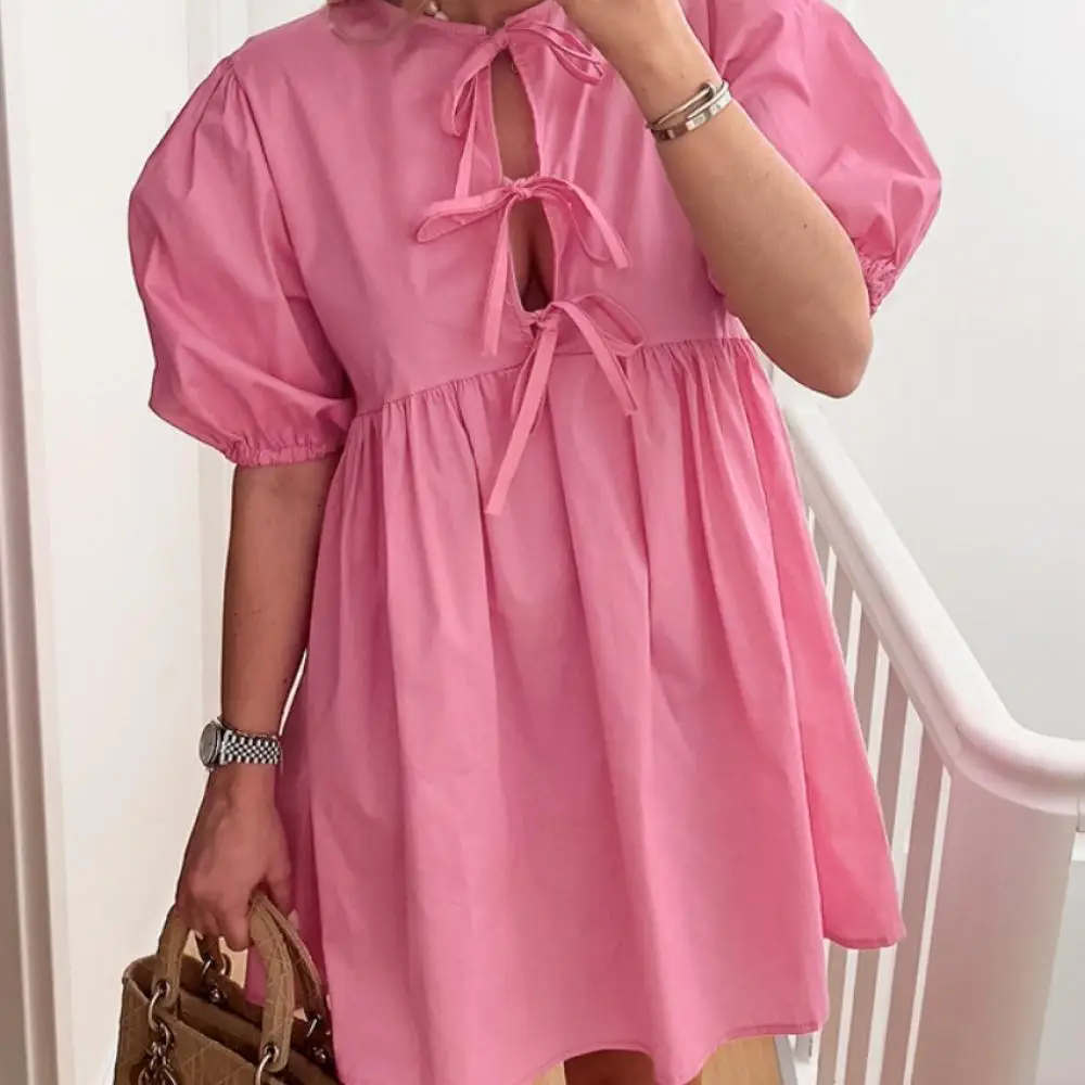 

Женские осенние платья на шнуровке с бантом, модные платья с коротким рукавом и круглым вырезом, элегантное женское мини-платье с завышенной талией