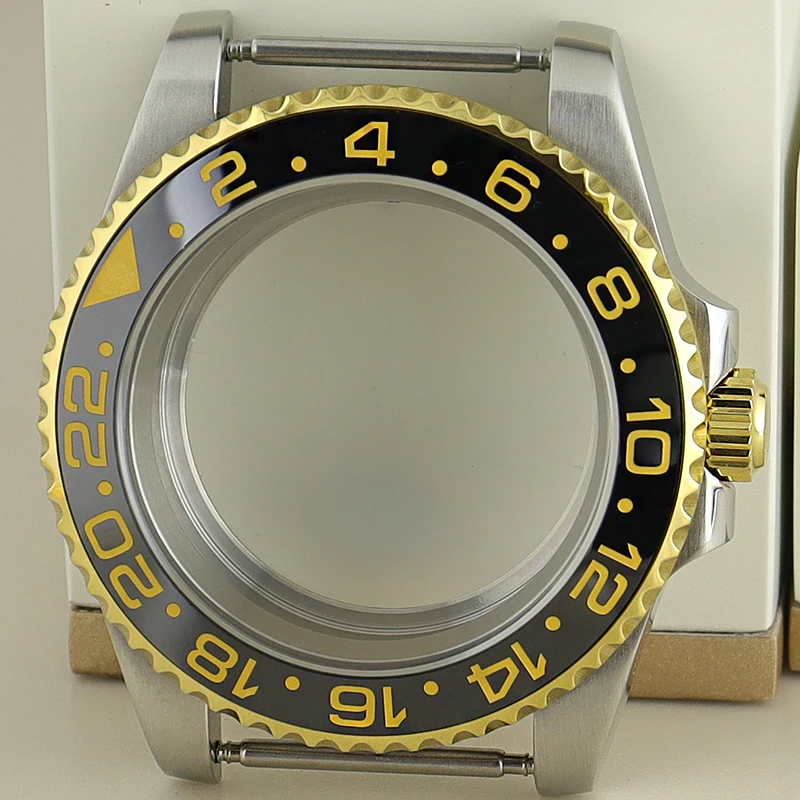 Silvery And Gold 40mm GMT Watch Case Ceramic Bezel For Seiko NH34 NH35 NH36 NH38 4R36 Miyota 8215 ETA 2824 Movement 28.5mm Dial