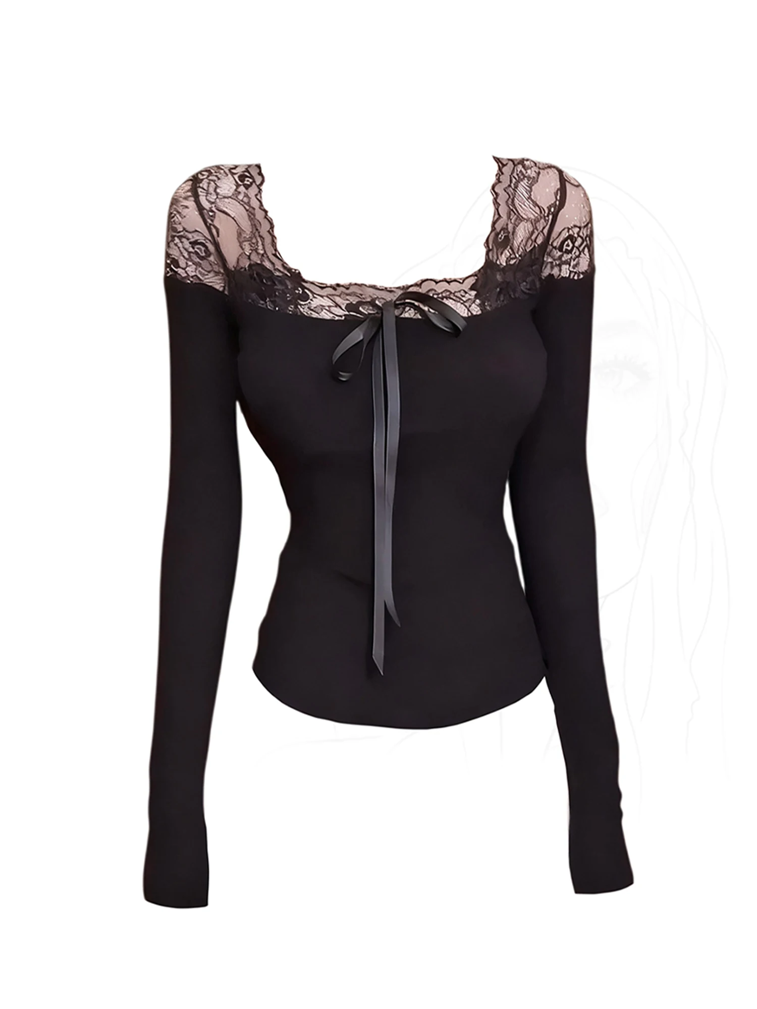 

Women Black Gothic Square Collar T-shirt Y2k Gyaru Emo Tee Top Vintage Long Sleeve Lace Patchwork T-shirts 2000s Clothes Spring