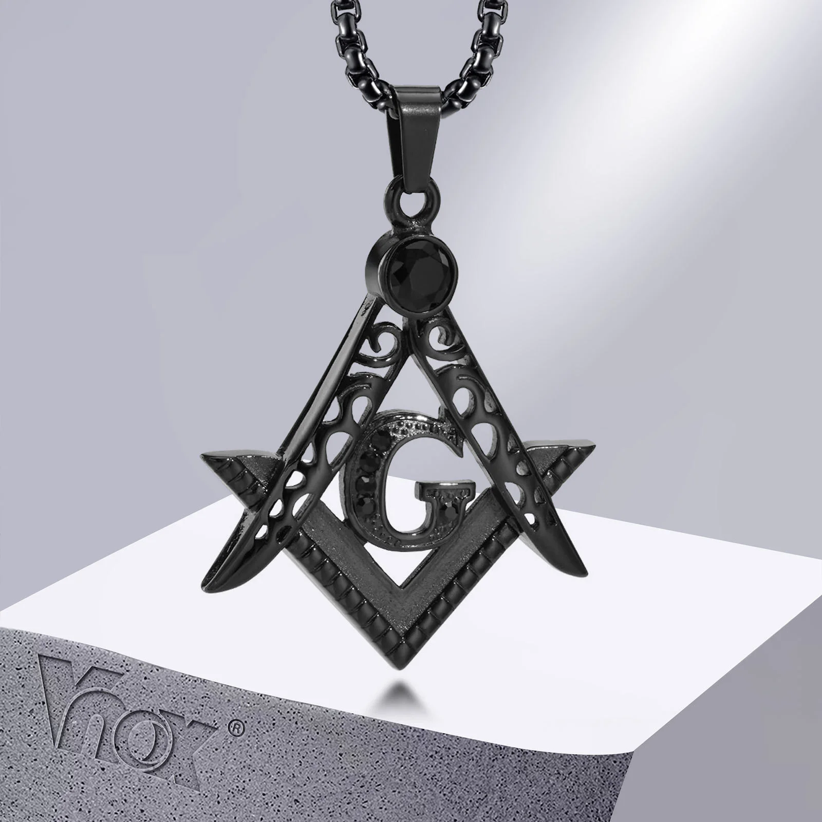 Vnox Cool Masonic Necklace for Men,Stainless Steel Freemason Compass Symbol Pendant Rock Punk Jewelry