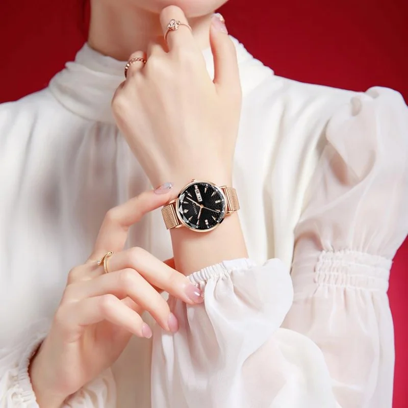 Abbylun 312 Women's Quartz Watch Elegant Minimalist Design Waterproof Luminous Stainless Steel Week Calendar Ladies Watches