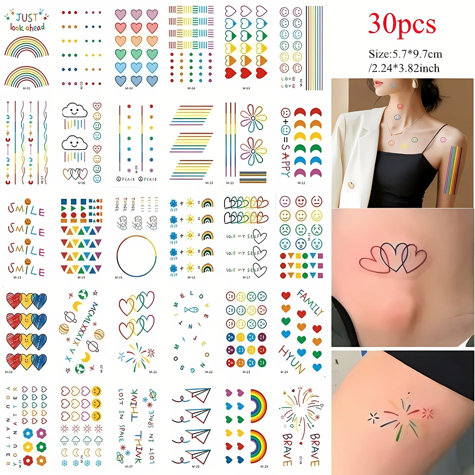 30sheets Transfer Temporary Tattoo Removable for Girls Boys Colored Rainbow Heart Line Triangle Fake Tattoo Sticker Finger Arm