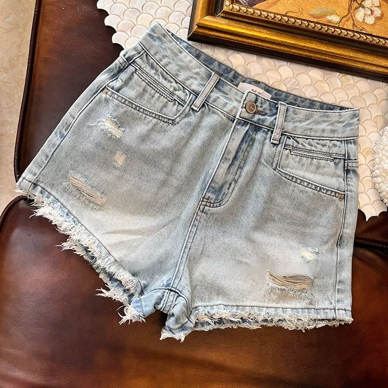 High Quality Light Blue High Waist Denim Shorts Women's Summer Casual Loose Slimming Frayed Versatile Hot Pants