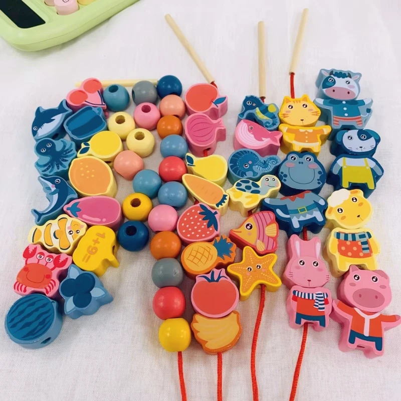 Wooden Cartoon Beads Stringing Threading Toys Fruit Animal Numeric Lacing Toy Baby Wooden Beads DIY Toy Montessori for Kids