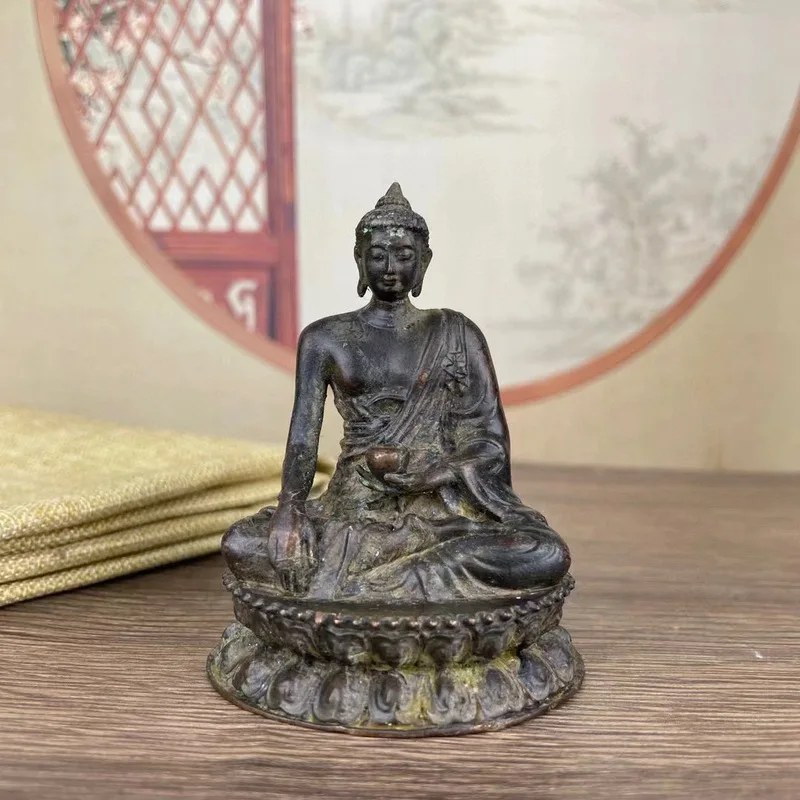 Antiqued Imitation Bronze Medicine Buddha Ornament with Old Patina, Vintage Decorative Item for Home and Office, Small Buddha An