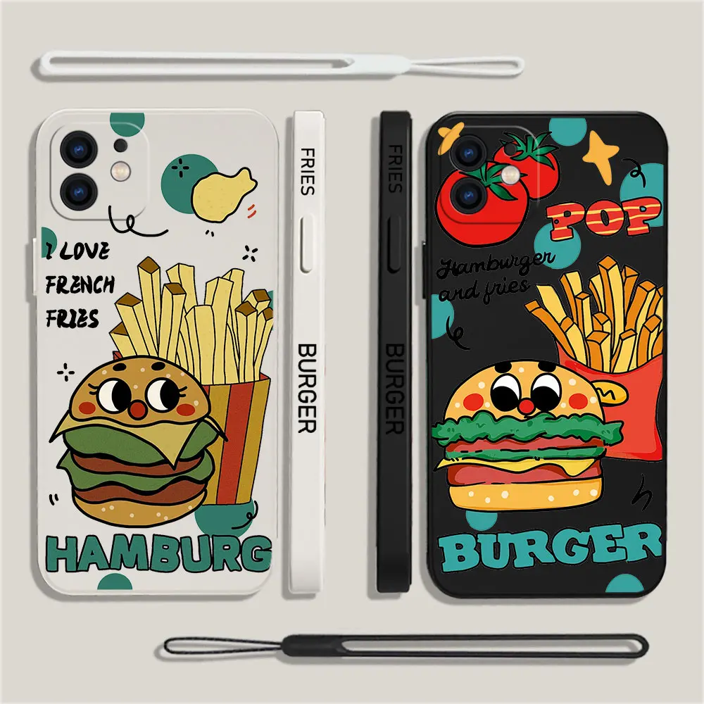 French Fries Burger Couple Phone Case For iPhone 15 14 13 12 11 Pro Max Mini X XR XSMAX 8 7 Soft Silicone Cover With Hand Strap