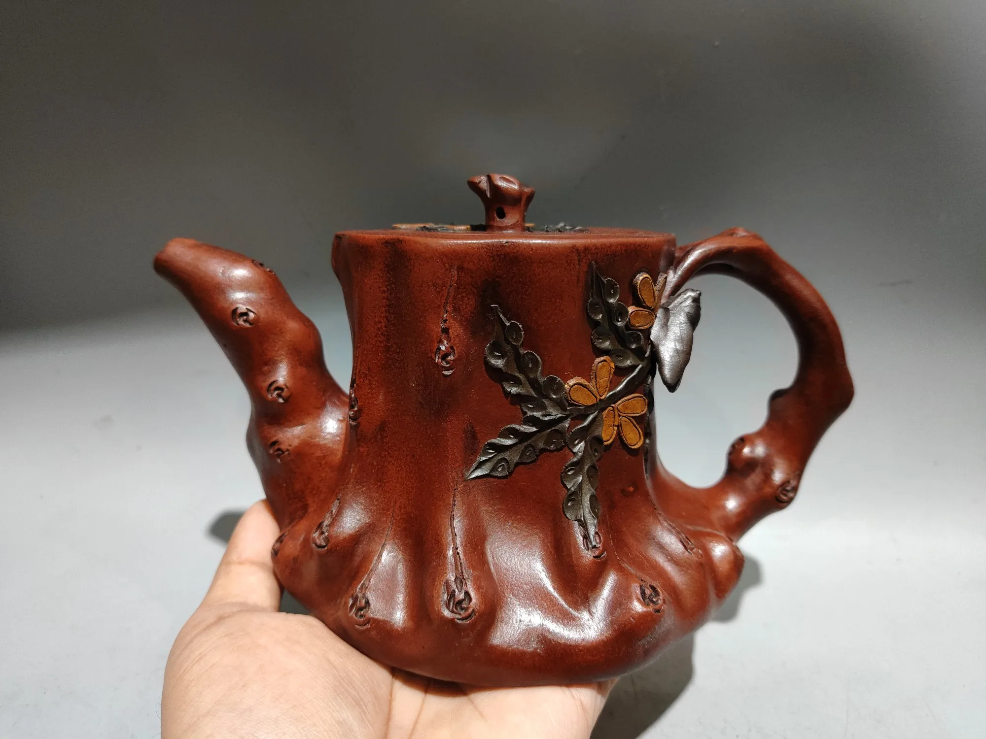 

8"Chinese Yixing Purple Clay Teapot Magpie Plum Blossom Tree stump shaped Kettle Teapot Flagon Gather fortune Ornaments