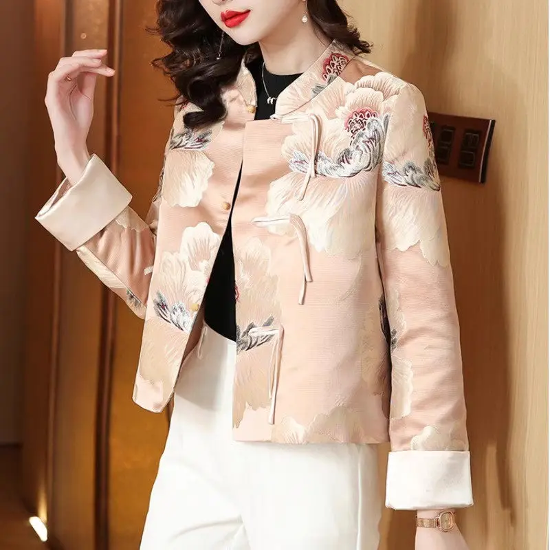 

Mom's Autumn Winter Jacket 2023 New Chinese Style Women's Retro Print Improved Tang Clothing Qipao Short Coat Z2930