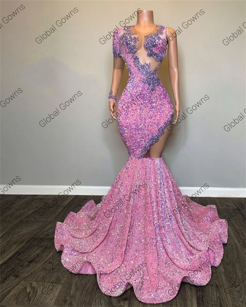 Pink Sheer O N Long Prom Dress Meninas pretas 2024 Sparkly Sequin Birthday Party Dresses Apliques Vestidos de noite Sereia personalizada