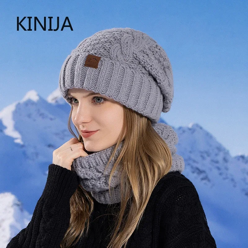 New Winter Women's Knitted Hat Scarf Set Thickened Wool Lined Beanie Outdoor Cycling Warm Windproof Beanie