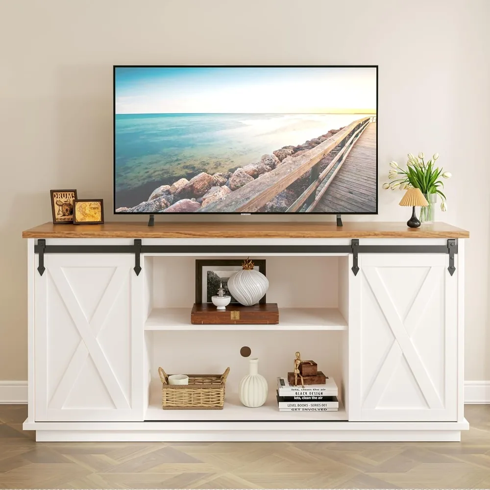Modern Farmhouse TV Stand for Televisions up to 65’’, Entertainment Center with Storage Cabinets and Sliding Barn Doors, Media T
