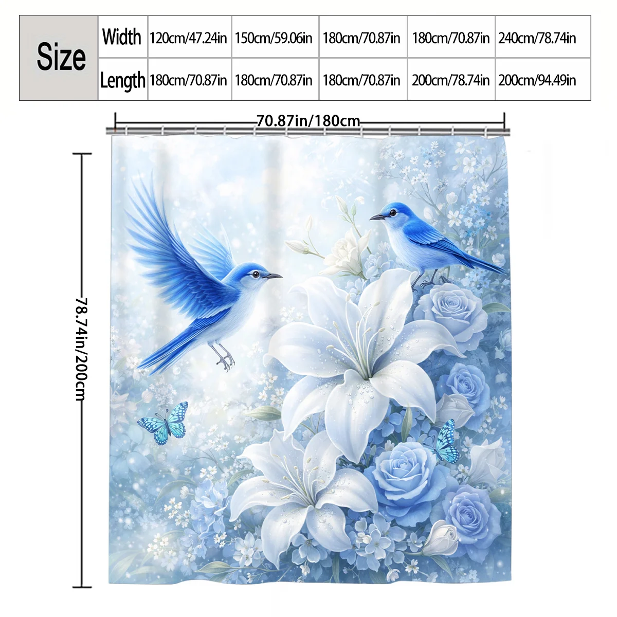 Aesthetic Floral Blue Birds Watercolor Shower Curtain Bathroom Decor Spring Nature Bath Liner Luxury Design