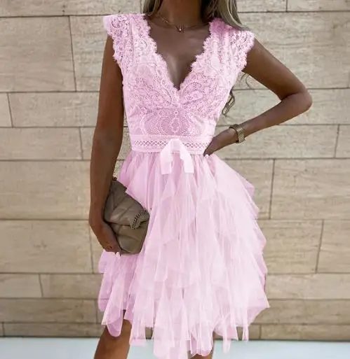 

2025 Summer New Elegant Style, Lace Short Sleeved Women's Short Skirt Dress