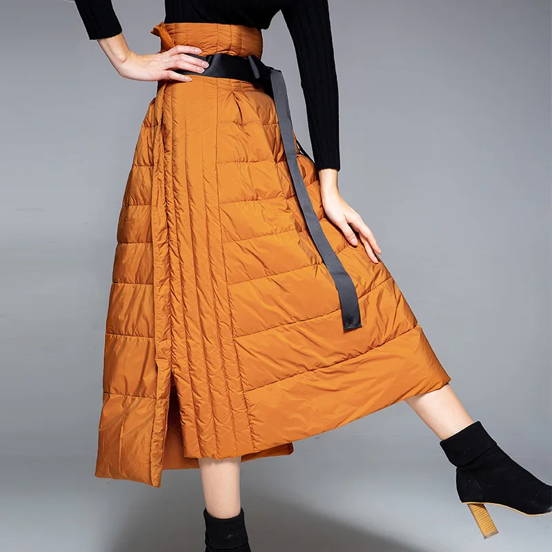 Trend Winter New Down Skirt Solid Split A-Line Skirt High-Waisted Women's Mid-long Cake Skirts Warm Kawaii Skirt Tie-Up Bow