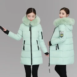 Gola de pele feminina com capuz casaco de algodão, longo acolchoado Puffer Parkas, neve, casaco quente, outwear feminino, moda inverno