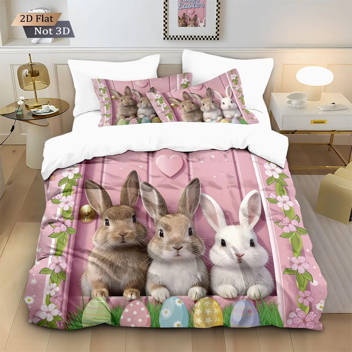

3pcs Easter Cute Rabbit Easter Egg Printed Quilt Set, Multi Size Bedding Decoration, Comfortable and Warm, Machine Washable
