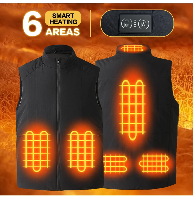 Beheizte Herrenweste, USB-aufladbar, 6 Heizzonen, elektrische Thermoweste, Stehkragen, ärmellose Heizweste, waschbar, Winter – Detail 6
