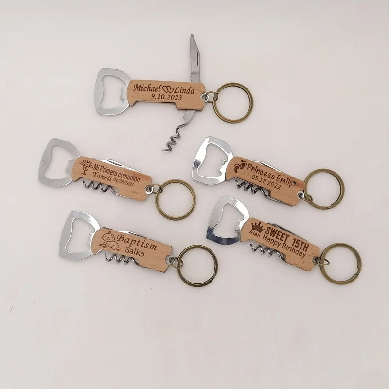 Multi-Functional Portable Beer and Wine Bottle Opener with Keychain, Metal, Wood Wine Corkscrew, Wedding Gift, 10 Pcs