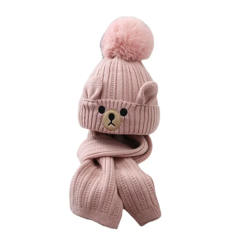 Warm Kids Beanie Scarf Set European Style  Cartoon Bear Crochet Bonnet for Toddler Boy Girl Outdoor Autumn Winter Hat Scarf Set