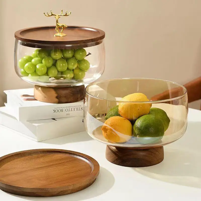 

Simple Japanese Style Glass Fruit Tray Wooden Storage Box High Leg Fruit Tray Storage Display Stand Living Room Candy Tray