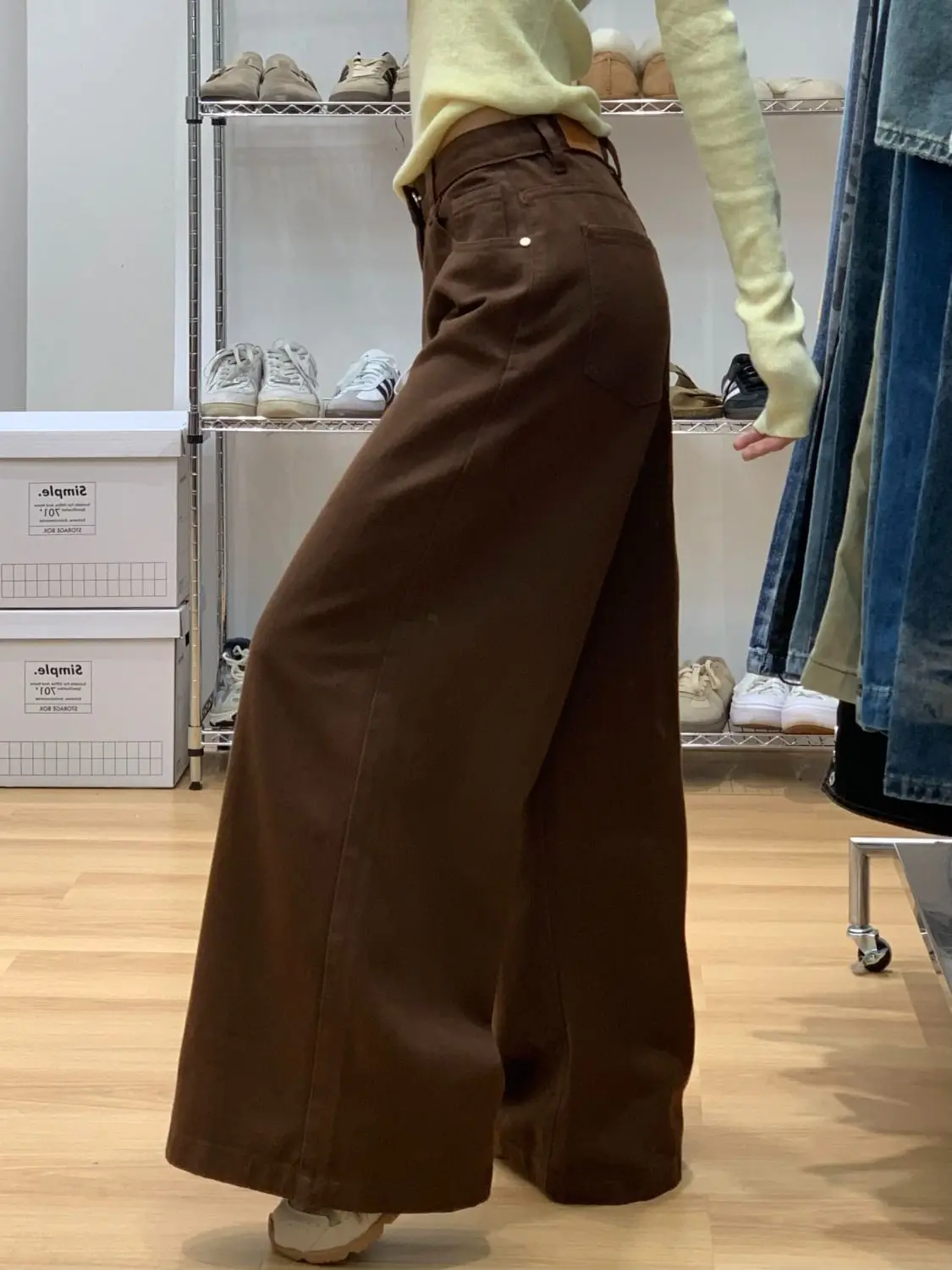 جينز أمريكي أنيق عتيق بخصر عالٍ للنساء موضة جديدة مريحة ثنيات مستقيمة الساق طول الأرض سروال دينم متعدد الاستخدامات