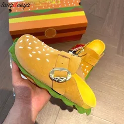 Novel personalized Yellow Hamburger Slippers Women Cute Design Buckle Strap Half Slippers Adult Fashion Casual Garden Slippers