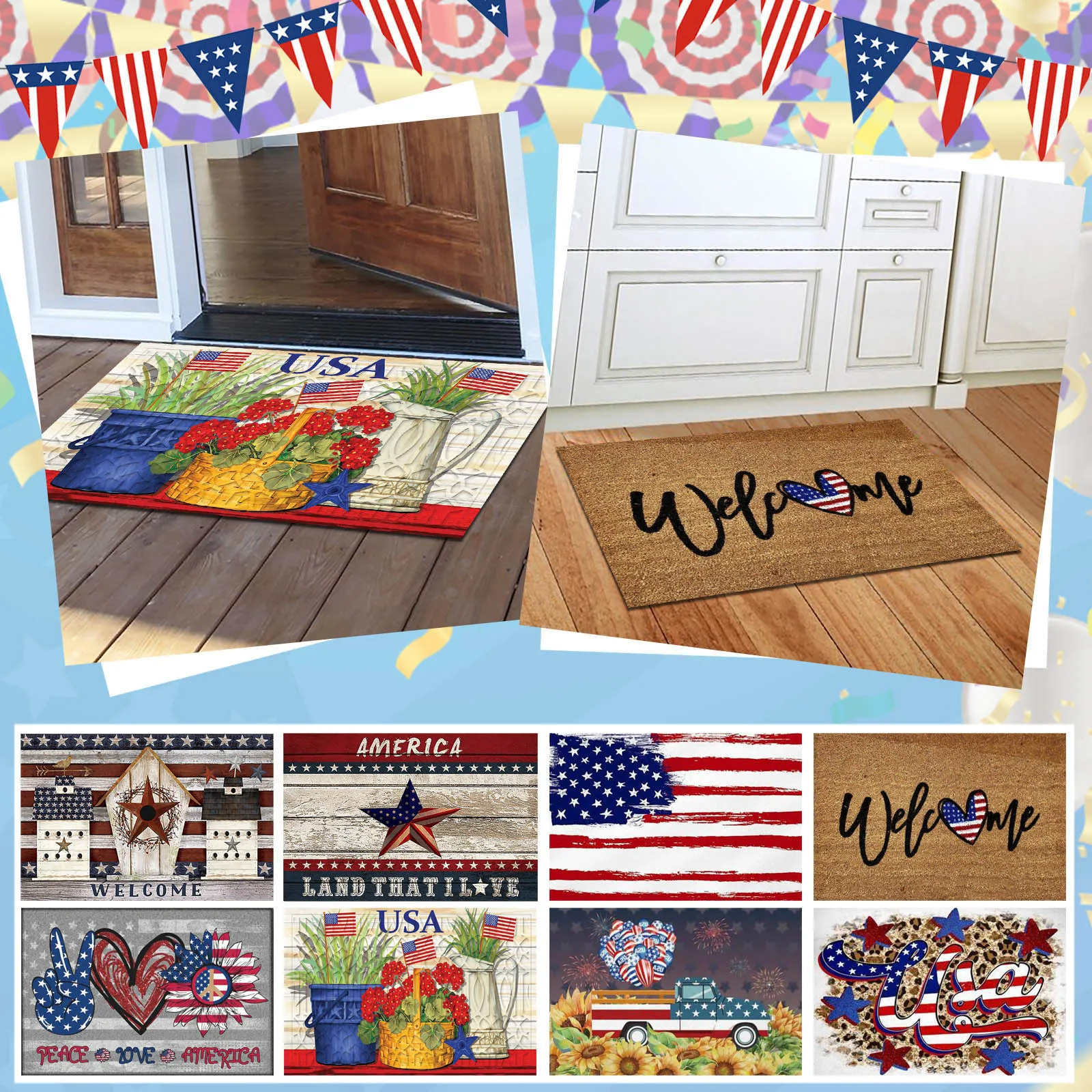 4th Of July Patriotic Doormats American Flag Welcome Floor Mats Independence Day Non-Slip Front Door Rugs Home Entryway Decor