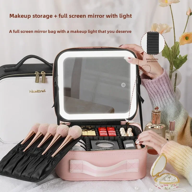 Makeup Bag with Mirror Travel Case Storage Cosmetic Organizer Light Up 3 Colors LED Lights Adjustable Dividers and Brush Holder