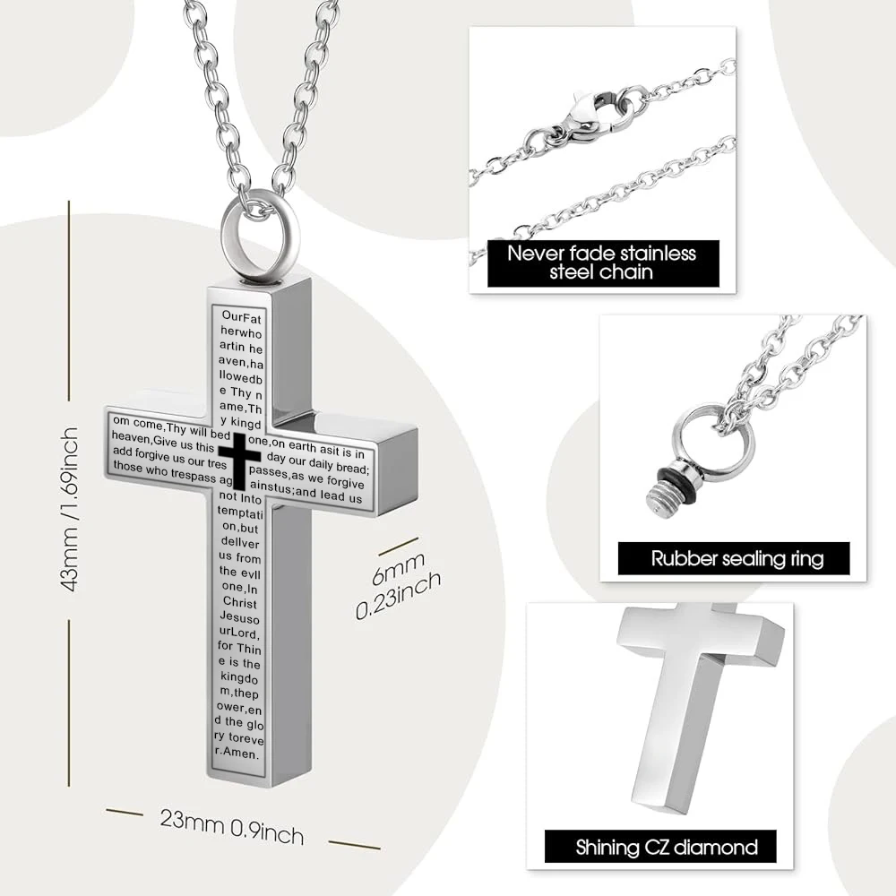 Urn Necklace for Ashe Stainless Steel Cremation Jewelry for Ashes Cross Ashes Necklace Memorial Cross Necklace Urn for Men Women