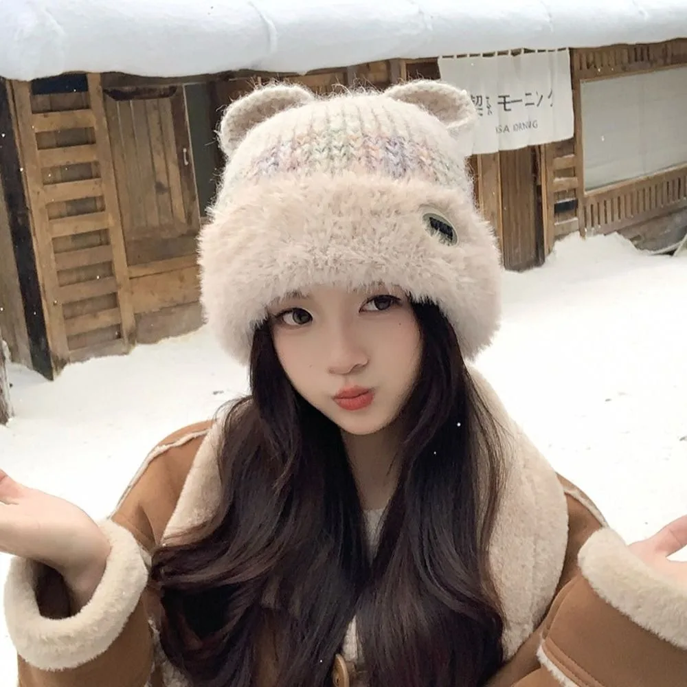 Polyester Bear Fleece Lined Beanie 55cm To 60cm Head Circumference Face Slimming Knitted Beanie Hat Earflap