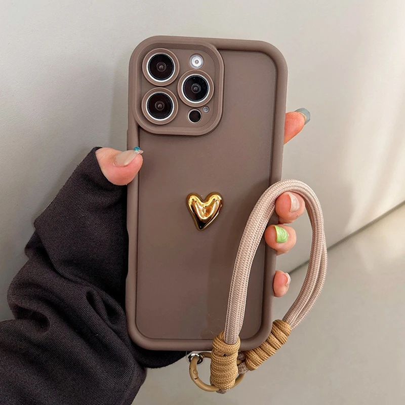 Niedliche koreanische 3D Goldene Herz-Softcase für iPhone 16 17 18 Pro Max 15 14 13 12 11 Pro 7 8 Plus mit Handgelenkschlaufe und Hängeband. – Detail 6