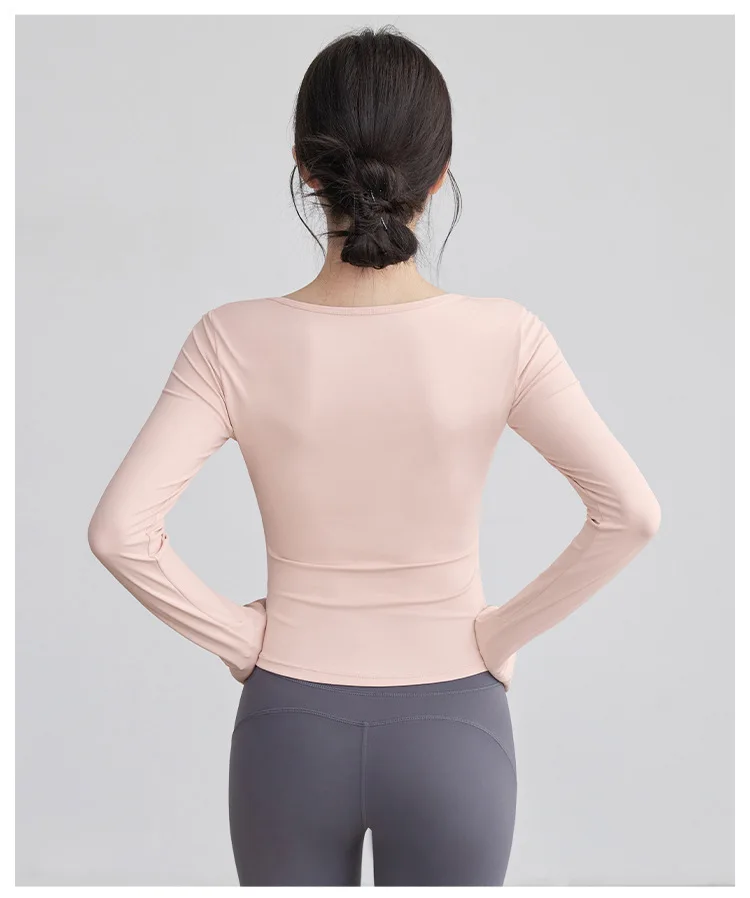 여성을위한 스퀘어 칼라 플리츠 요가 의류 새로운 전문 필라테스 러닝 트레이닝 사이클링 스포츠 탑 피트니스 긴 소매 썸네일 3