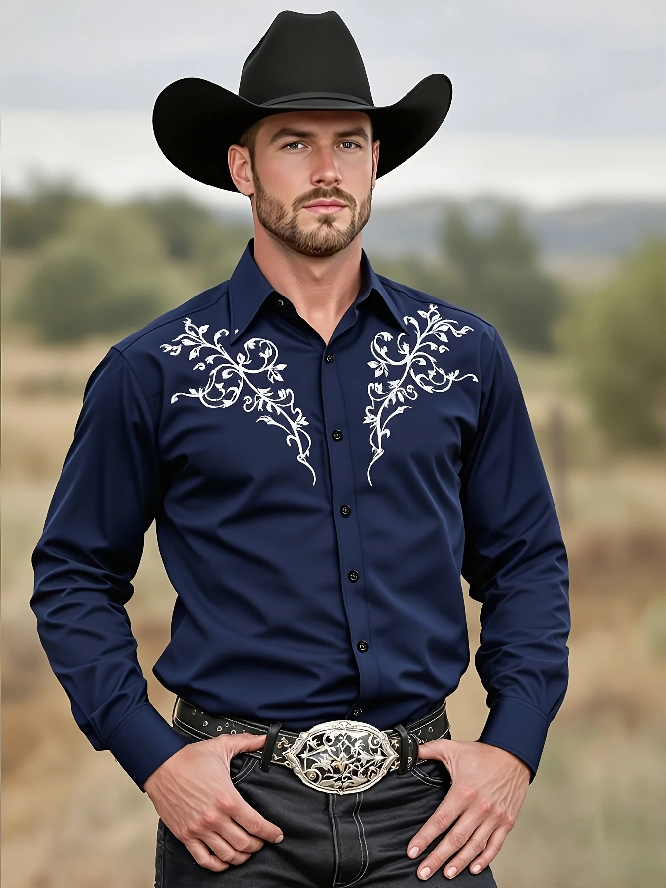 2025 Men's Tribal Pattern Long Sleeve Men'S Black Western Cowboy Shirt Western Event Attire  Stylish Men'S Shirt Slim Fit Shirt