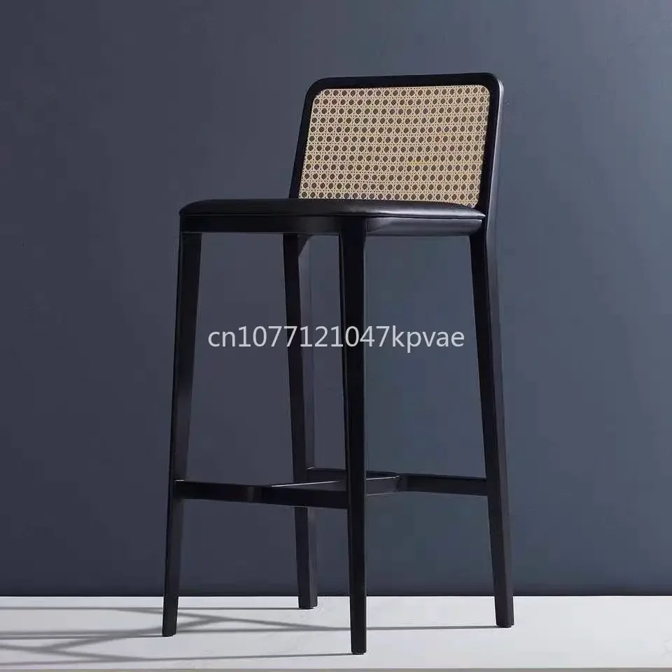 High-End Solid Wood Bar Chair for Home Living Room - Ash Wood High Stool, Creative Rattan Design for Homestay or Hotel