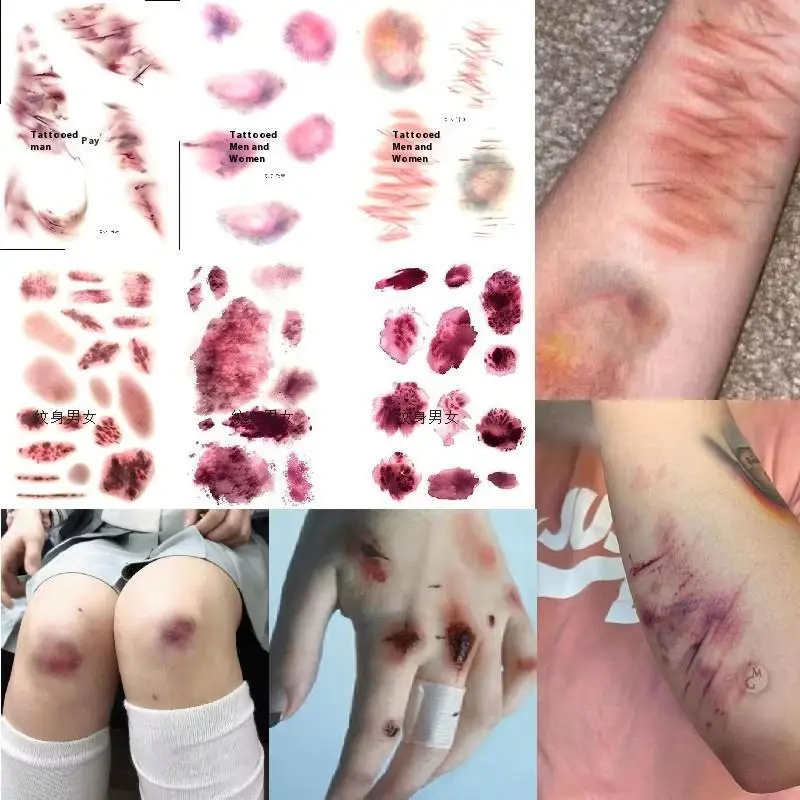 Hot 4 Sheets Halloween Wound Bruising Temporary Tattoos Cosplay Waterproof Arm Ankle Scar Tattoo Stickers Lasting Fake Tattoo
