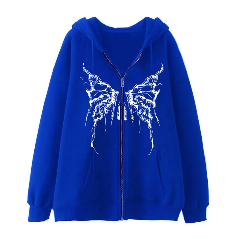 Y2K Fleece Hoodies Women Butterfly Printed Zipper Casual Sweatshirts Fashion Loose Lady Coat Autumn Winter Streetwear